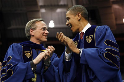 U.S. President Barack Obama is pictured at the University of Notre Dame with University President Rev John Jenkins (L) during commencement ceremonies in South Bend, Indiana. Source: Reuters